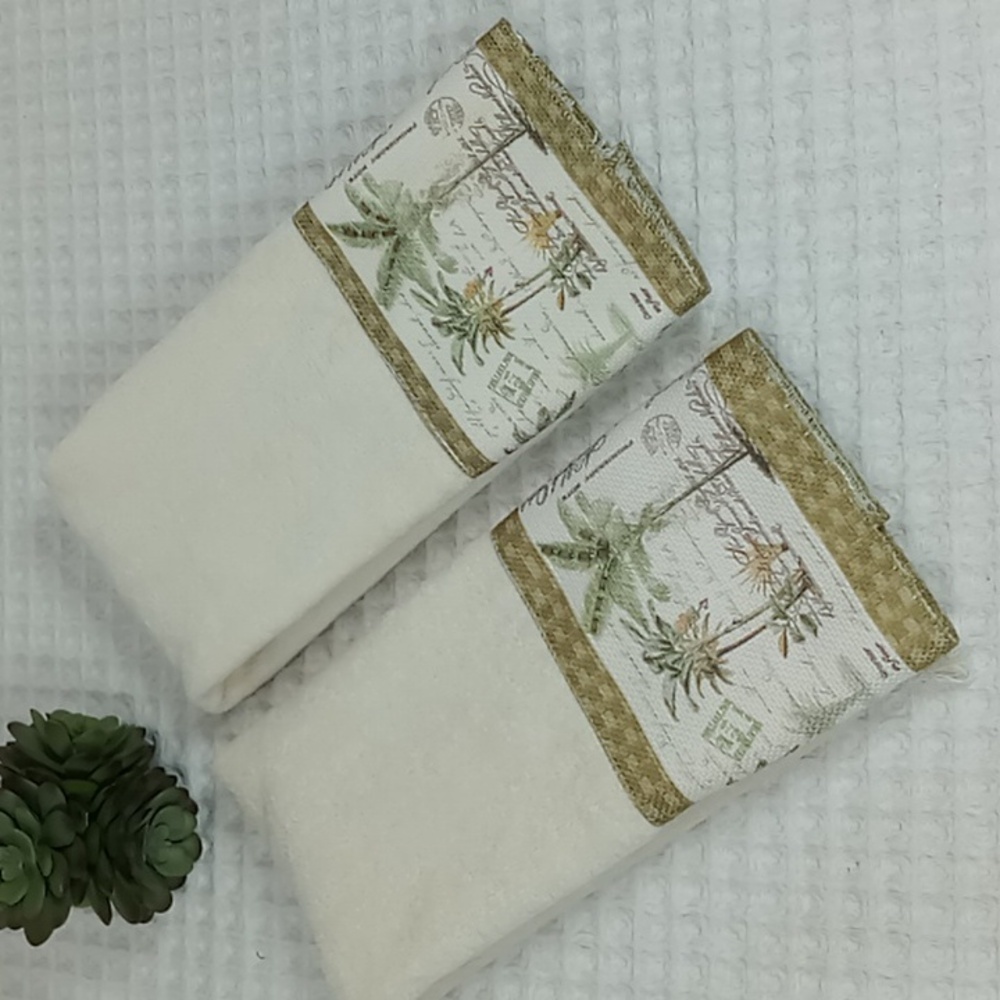 2 Avanti Colony Palm Cotton Fingertip Towels Ivory/Green Embellished Beading - Picture 5 of 12